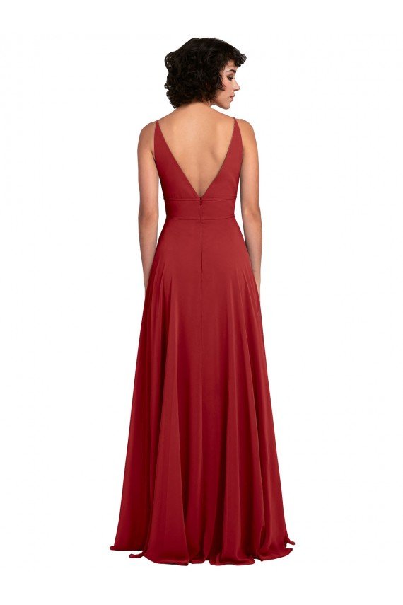 Affordable Fitted Plunging Deep V-Neck Long Chiffon Bridesmaid Dress with V-Back