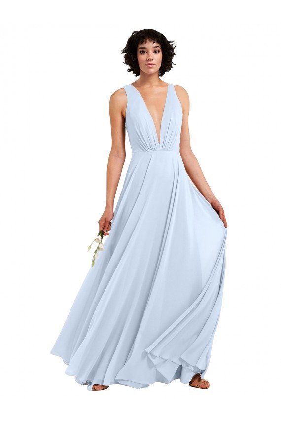 Affordable Daring Plunging V-Neck Long Chiffon Bridesmaid Dress with Pleated Bodice