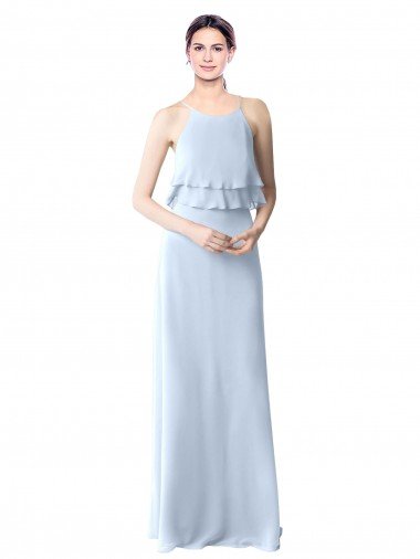 Affordable High Narrow Neck Long Chiffon Bridesmaid Dress with Tiered Ruffles