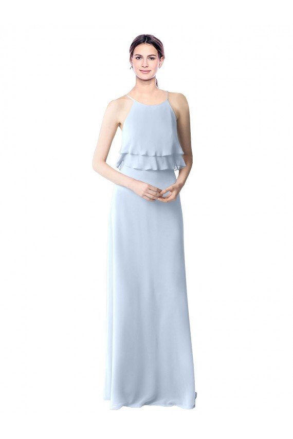 Affordable High Narrow Neck Long Chiffon Bridesmaid Dress with Tiered Ruffles