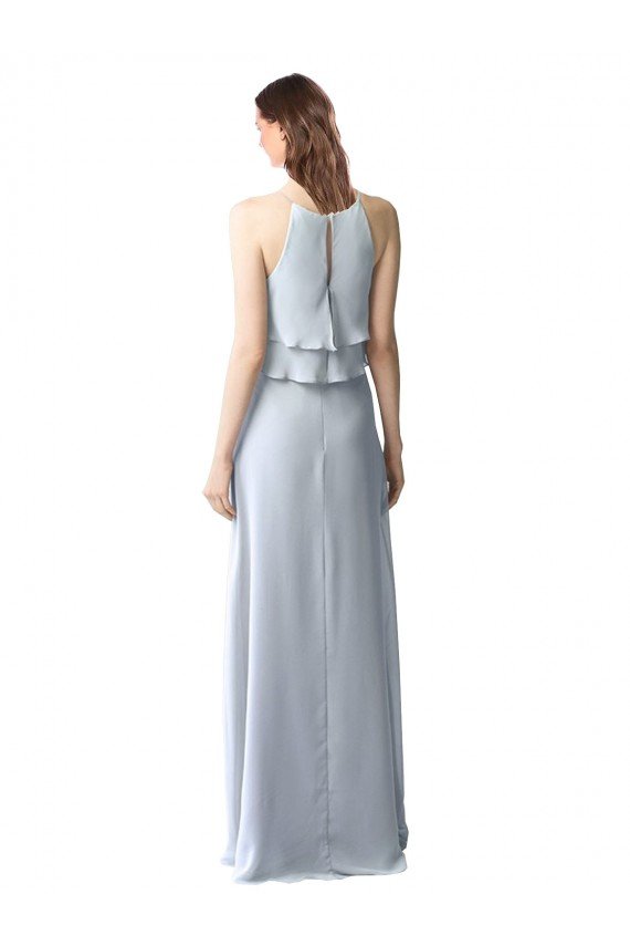 Affordable High Narrow Neck Long Chiffon Bridesmaid Dress with Tiered Ruffles