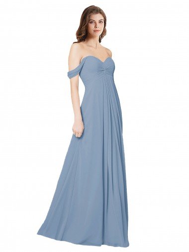 Affordable Empire Waist Off the Shoulder Chiffon Bridesmaid Dress with Sweetheart Bodice