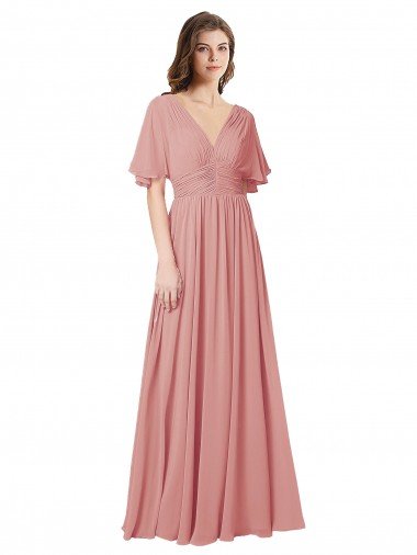 Affordable Flutter Sleeves Plunging V-Neck Boho Chiffon Bridesmaid Dress