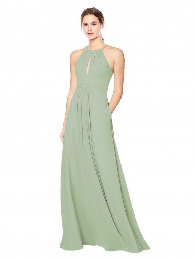 Affordable High Halter Neck Keyhole Chiffon Bridesmaid Dress