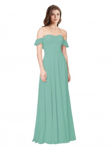 Affordable Flounce Sleeves Off the Shoulder Long Chiffon Bridesmaid Dress