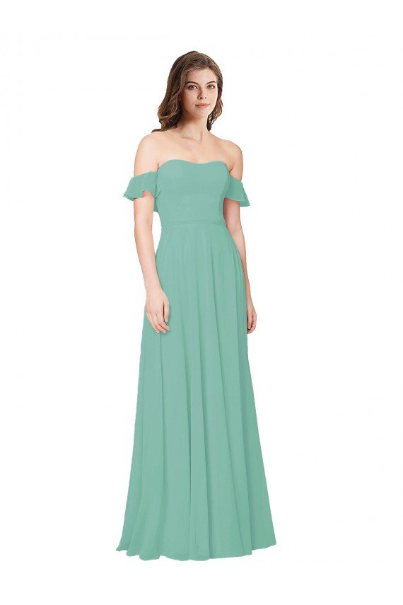 Affordable Flounce Sleeves Off the Shoulder Long Chiffon Bridesmaid Dress