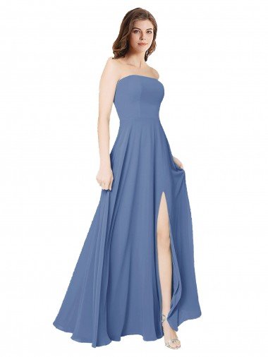 Affordable Strapless Long Chiffon Bridesmaid Dress with Front Slit