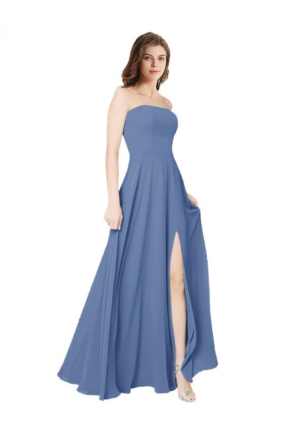 Affordable Strapless Long Chiffon Bridesmaid Dress with Front Slit