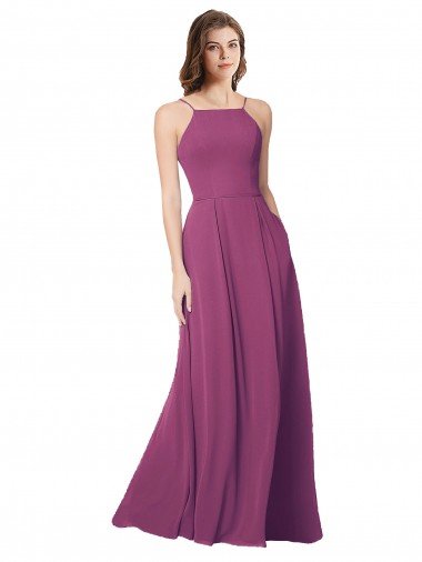 Affordable Halter Neck Long Pleated Chiffon Bridesmaid Dress with Pockets