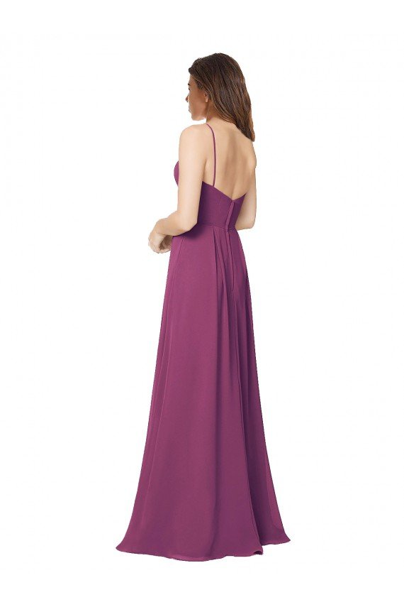 Affordable Halter Neck Long Pleated Chiffon Bridesmaid Dress with Pockets