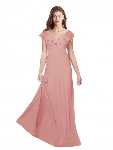 Affordable Flounced V Neckline Flutter Sleeves Chiffon Bridesmaid Dress