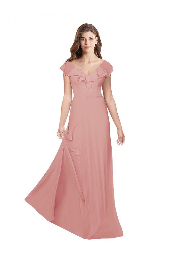 Affordable Flounced V Neckline Flutter Sleeves Chiffon Bridesmaid Dress