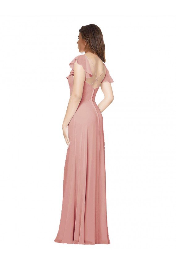 Affordable Flounced V Neckline Flutter Sleeves Chiffon Bridesmaid Dress