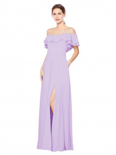 Affordable Ruffled Off the Shoulder Long Chiffon Bridesmaid Dress with Slit