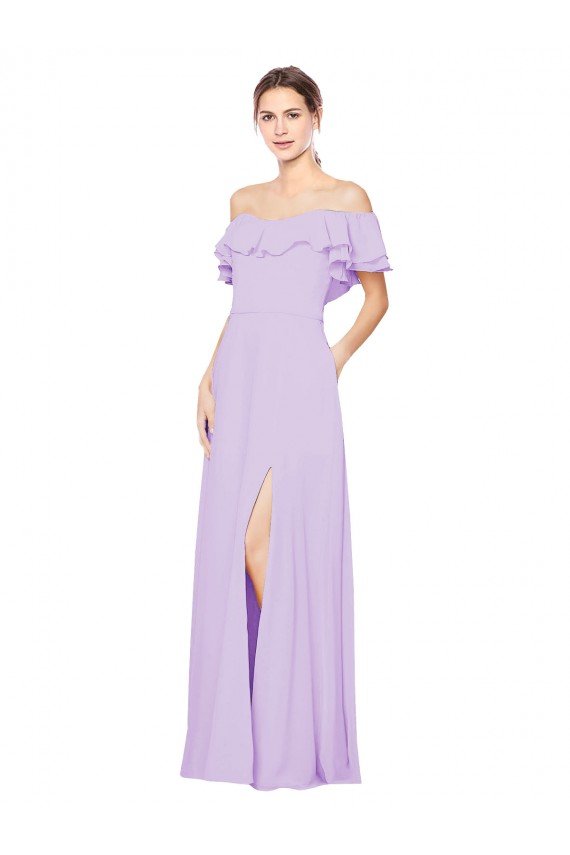 Affordable Ruffled Off the Shoulder Long Chiffon Bridesmaid Dress with Slit