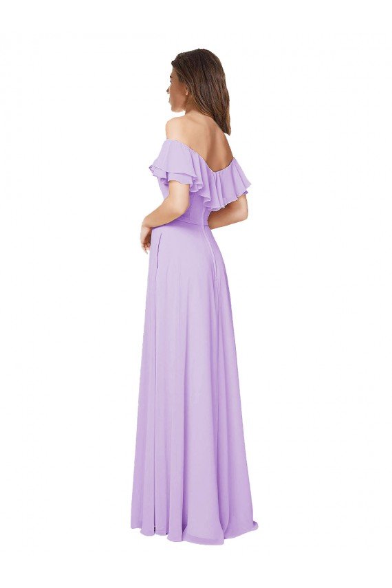 Affordable Ruffled Off the Shoulder Long Chiffon Bridesmaid Dress with Slit