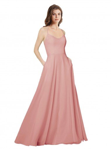 Affordable Open Back Wide Tie Band Long Chiffon Bridesmaid Dress with Pockets