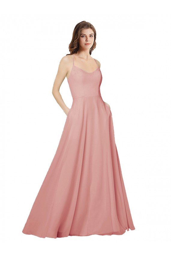Affordable Open Back Wide Tie Band Long Chiffon Bridesmaid Dress with Pockets