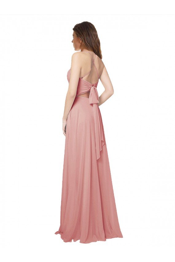 Affordable Open Back Wide Tie Band Long Chiffon Bridesmaid Dress with Pockets