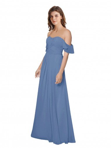 Affordable Flutter Sleeves Scoop Neck Off the Shoulder Long Chiffon Bridesmaid Dress
