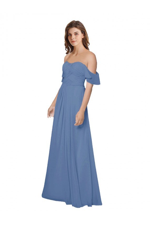 Affordable Flutter Sleeves Scoop Neck Off the Shoulder Long Chiffon Bridesmaid Dress