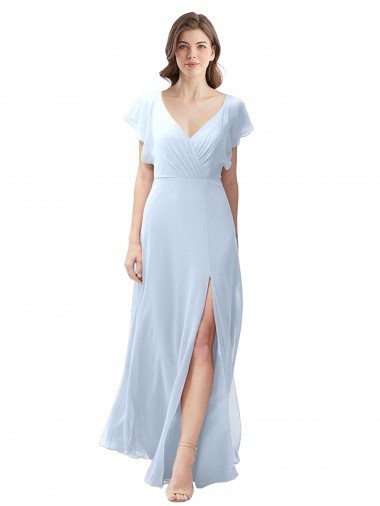 Affordable Flutter Sleeves Long Chiffon Bridesmaid Dress with Daring Open Back and Side Slit