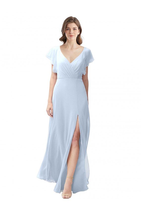 Affordable Flutter Sleeves Long Chiffon Bridesmaid Dress with Daring Open Back and Side Slit