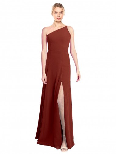 Affordable Fit and Flare One Shoulder Long Chiffon Bridesmaid Dress with High Slit