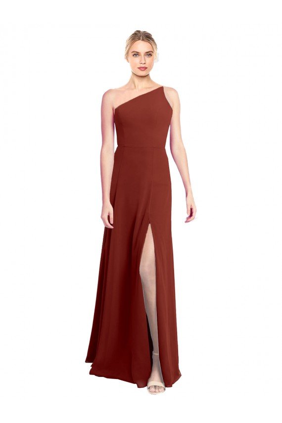 Affordable Fit and Flare One Shoulder Long Chiffon Bridesmaid Dress with High Slit