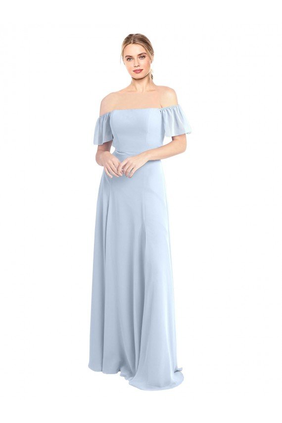 Affordable Off the Shoulder Flutter Sleeves Long Chiffon Bridesmaid Dress