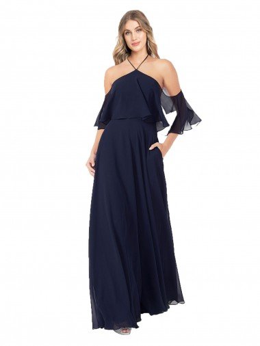 Affordable Halter Neck Cold Shoulder Flutter Sleeves Bridesmaid Dress