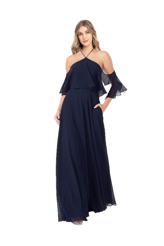 Affordable Halter Neck Cold Shoulder Flutter Sleeves Bridesmaid Dress