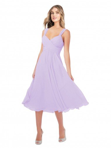 Affordable Draped Midi Length Chiffon Cocktail Bridesmaid Dress with Ruched Bodice