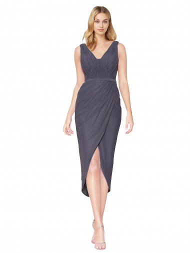 Affordable High Low V-Neck Chiffon Mermaid Wrap Bridesmaid Dress / Formal Prom Dress
