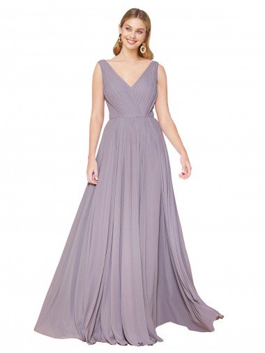 Affordable Draped Floor Length High Neck V-Back Chiffon Bridesmaid Dress / Formal Prom Dress with Shirred Bodice