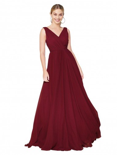 Affordable Draped A-Line V-Neck Floor Length Chiffon Bridesmaid Dress / Formal Prom Dress