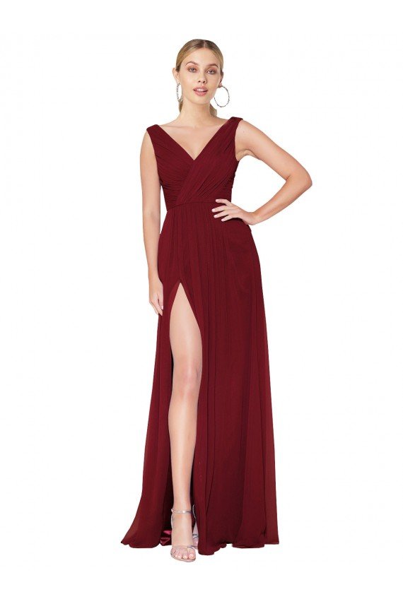 Affordable Draped Mermaid Long V-Neck Chiffon Bridesmaid Dress / Formal Prom Dress with High Slit