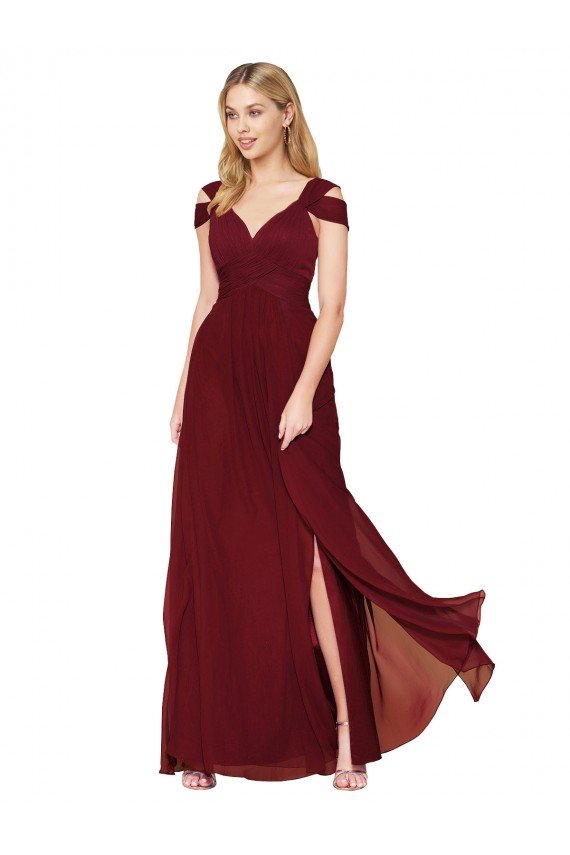 Affordable Off the Shoulder Long Chiffon Bridesmaid Dress / Formal Prom Dress with Side Slit