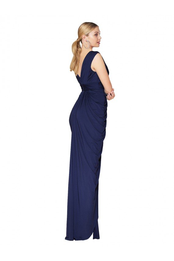 Affordable Draped V-Neck Long Chiffon Bridesmaid Dress / Formal Prom Dress with Front Slit