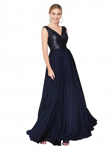 Affordable High Neck V-Neck Long Chiffon Bridesmaid Dress / Prom Dress with Sequin Top