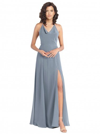 Affordable Slim A-Line Cowl Neck Long Chiffon Bridesmaid Dress with Side High Slit