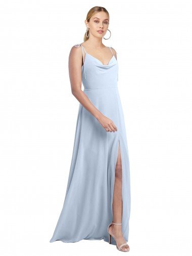 Affordable Draped Cowl Neck Tied Straps Long Chiffon Bridesmaid Dress with Slit