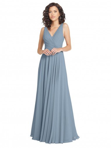 Affordable Faux Surplice Bodice Long Chiffon Bridesmaid Dress with V-Neckline