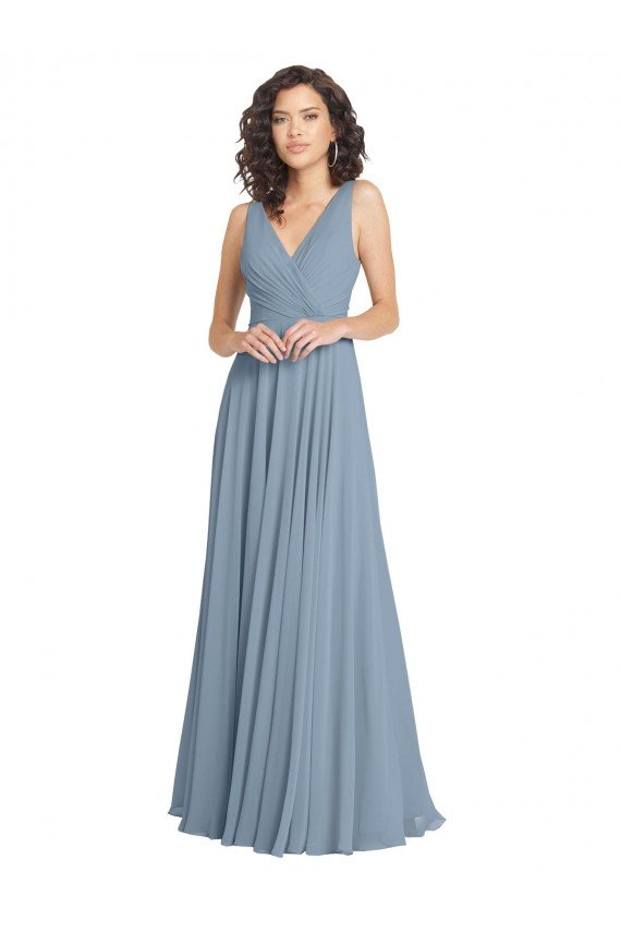 Affordable Faux Surplice Bodice Long Chiffon Bridesmaid Dress with V-Neckline