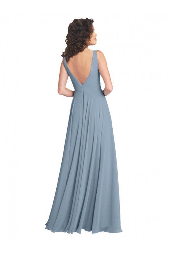 Affordable Faux Surplice Bodice Long Chiffon Bridesmaid Dress with V-Neckline