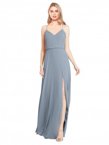 Affordable Spaghetti Straps V-Neckline Long Chiffon Bridesmaid Dress with High Slit