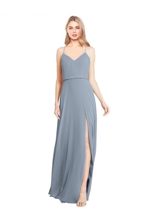 Affordable Spaghetti Straps V-Neckline Long Chiffon Bridesmaid Dress with High Slit