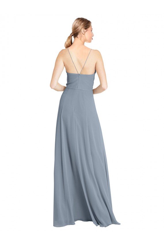 Affordable Spaghetti Straps V-Neckline Long Chiffon Bridesmaid Dress with High Slit