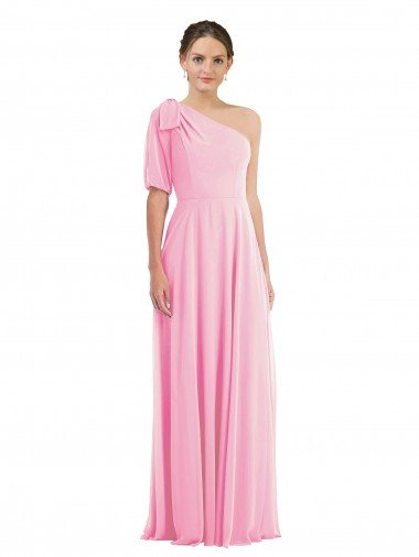 Affordable Bow One Shoulder Flounce Sleeve Maxi Bridesmaid Dress