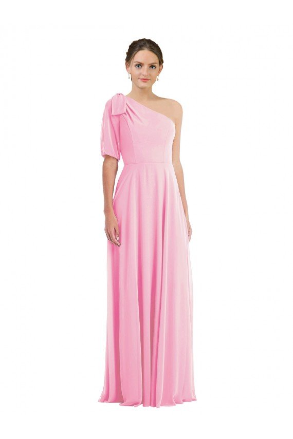 Affordable Bow One Shoulder Flounce Sleeve Maxi Bridesmaid Dress